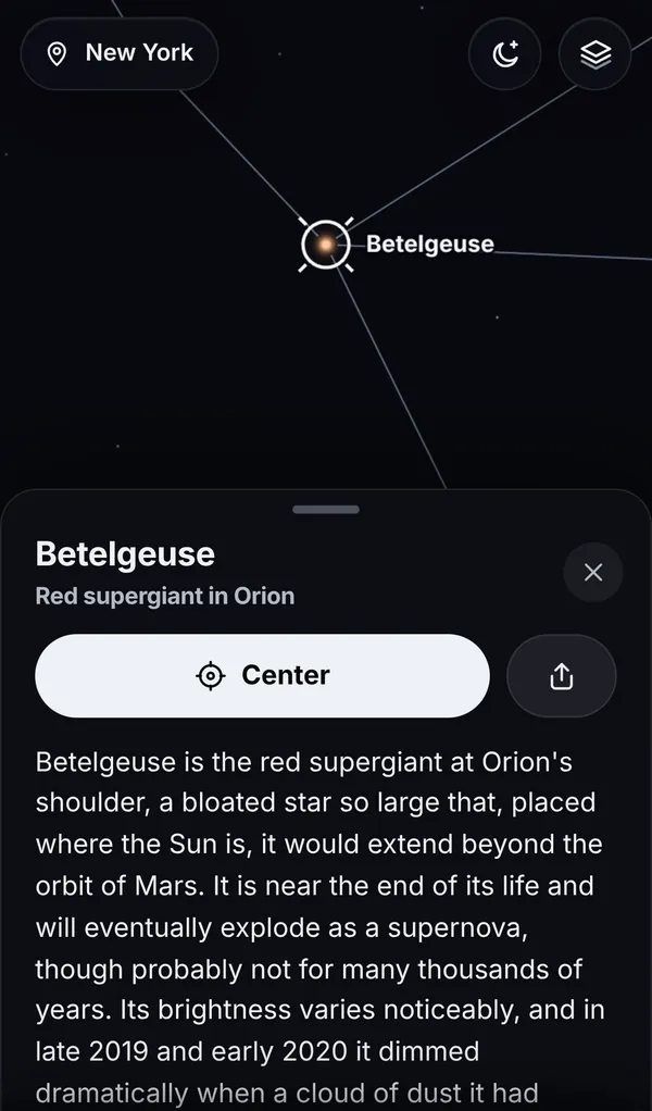 The info card for Betelgeuse, a red supergiant in Orion.