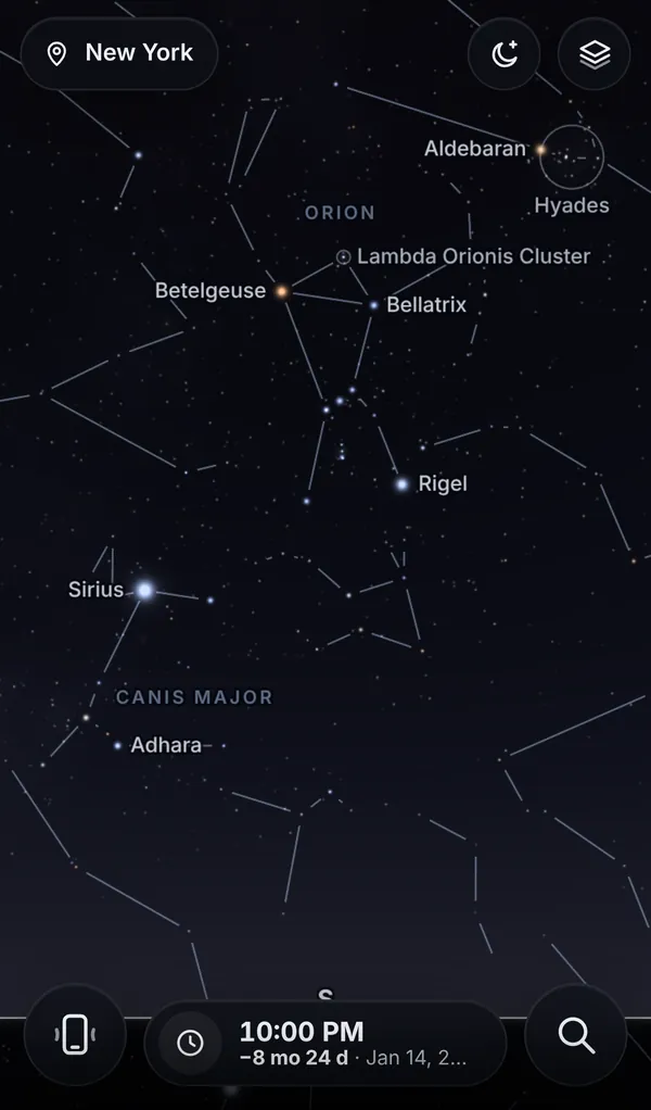 Orion and Canis Major, with Betelgeuse, Rigel and Sirius named.