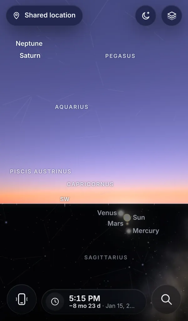 Twilight in the southwest, with Venus, Mars, Mercury and the Sun near the horizon.